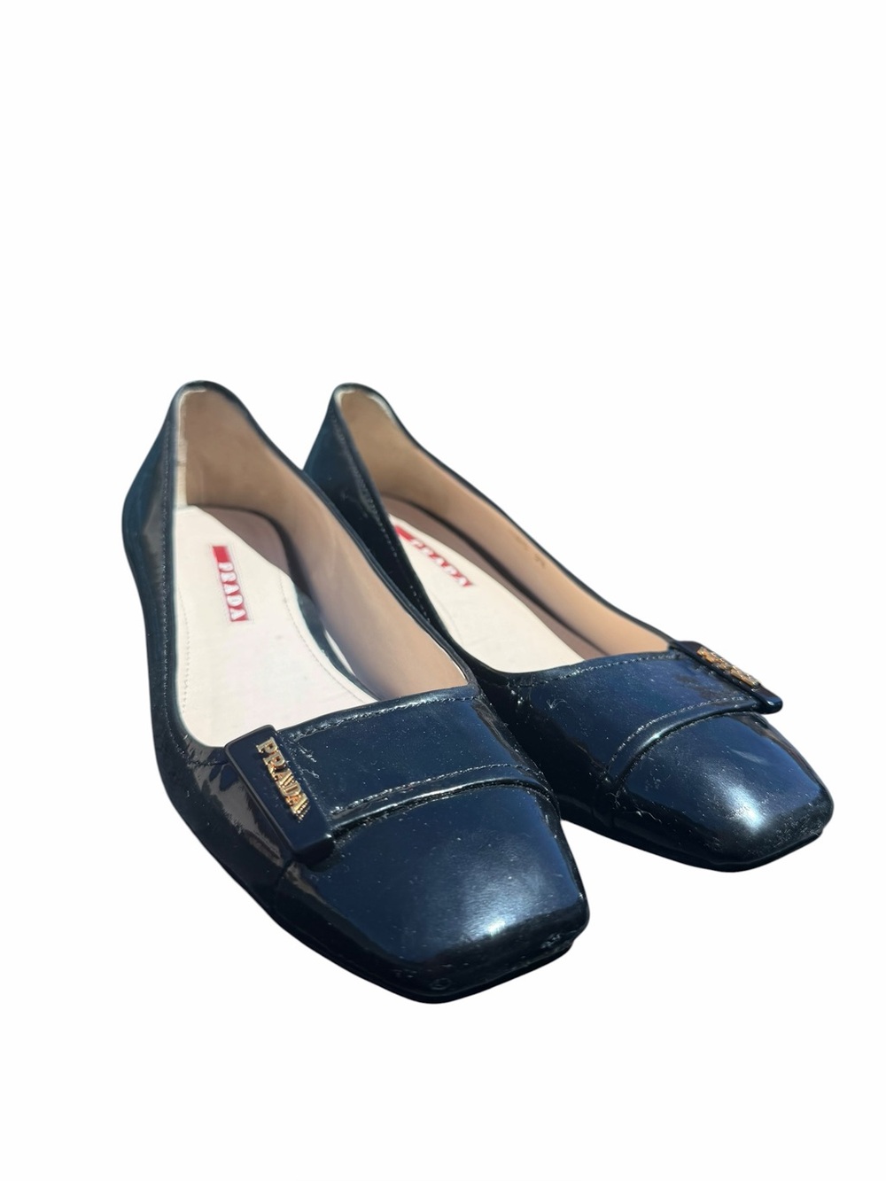 Prada Patent Leather Kitten Wedge Pumps Black Logo Heels EU 37.5 Authentic - Picture 5 of 11